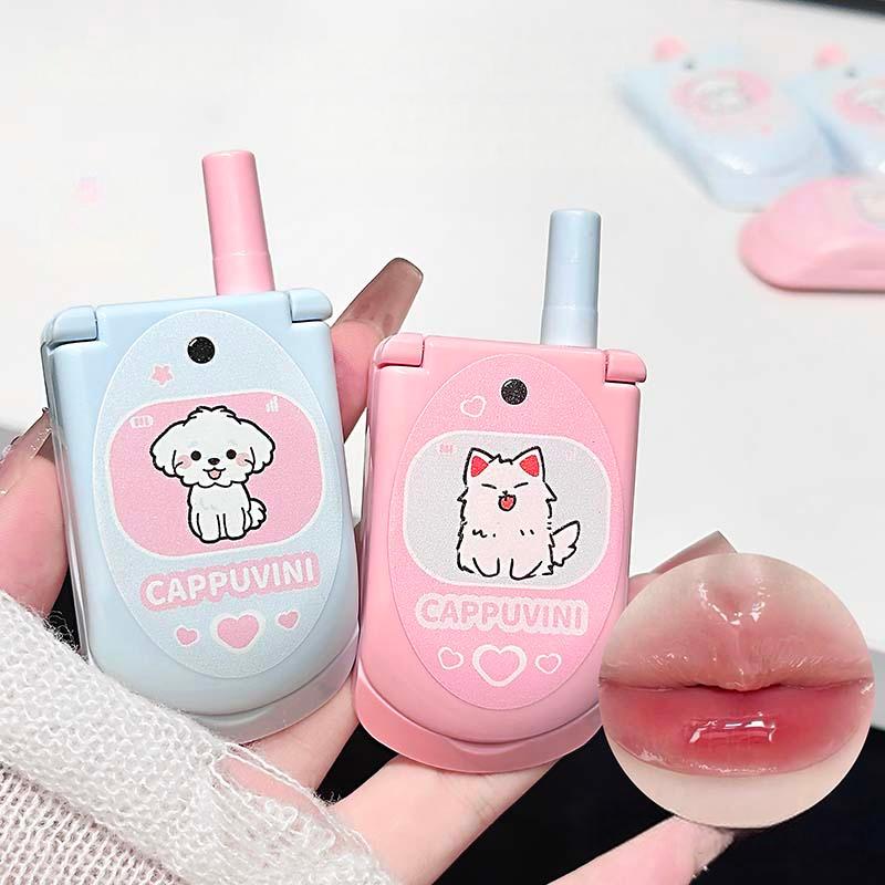 Lip Gloss Plumping - ลิปกลอสเนื้อแมทท์สองสี ดีไซน์โทรศัพท์พับได้ พร้อมกระจกในตัวและแปรงทาปาก ติดทนนาน ช่วยเพิ่มความอิ่มเอิบให้ริมฝีปาก